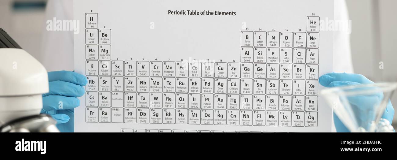 Gloved chemist holds periodic table of chemical elements closeup Stock Photo