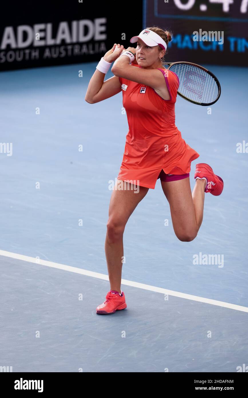 Adelaide, Australia, 5 January, 2022. Shelby Rogers of United States hits a  backhand during the WTA singles match between Shelby Rogers of United  States and Maria Sakkari of Greece on day three