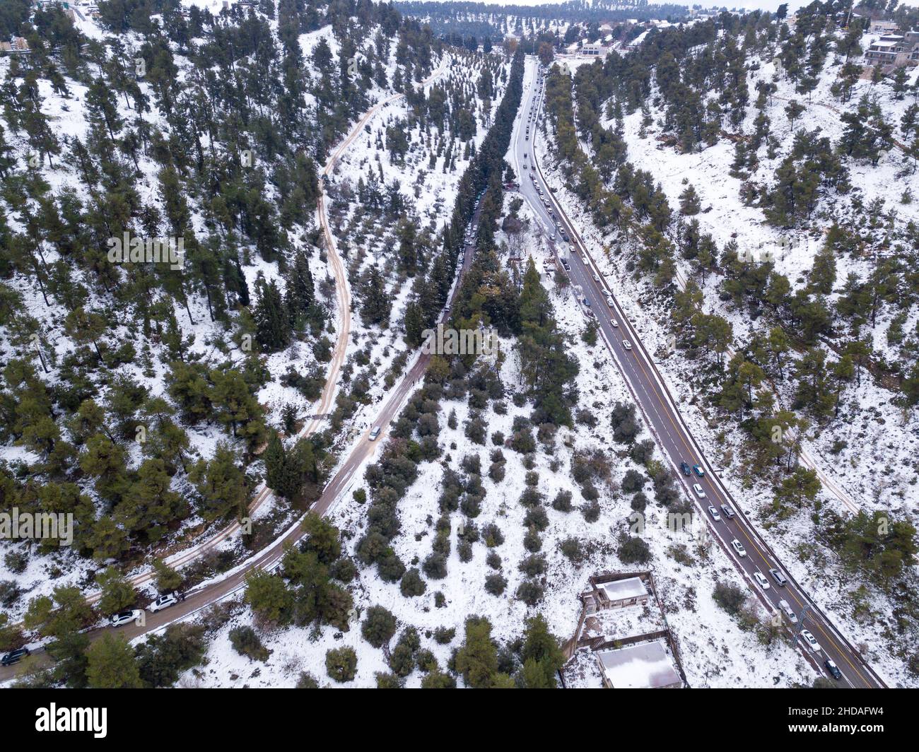 The entrance to Safed old Jewish city n northern Israel after snowing. Aerial Drone View. Stock Photo