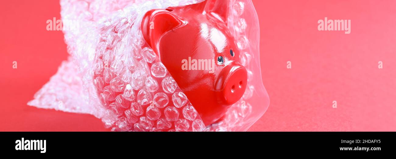 Pig piggy bank wrapped in gummy plastic bag Stock Photo