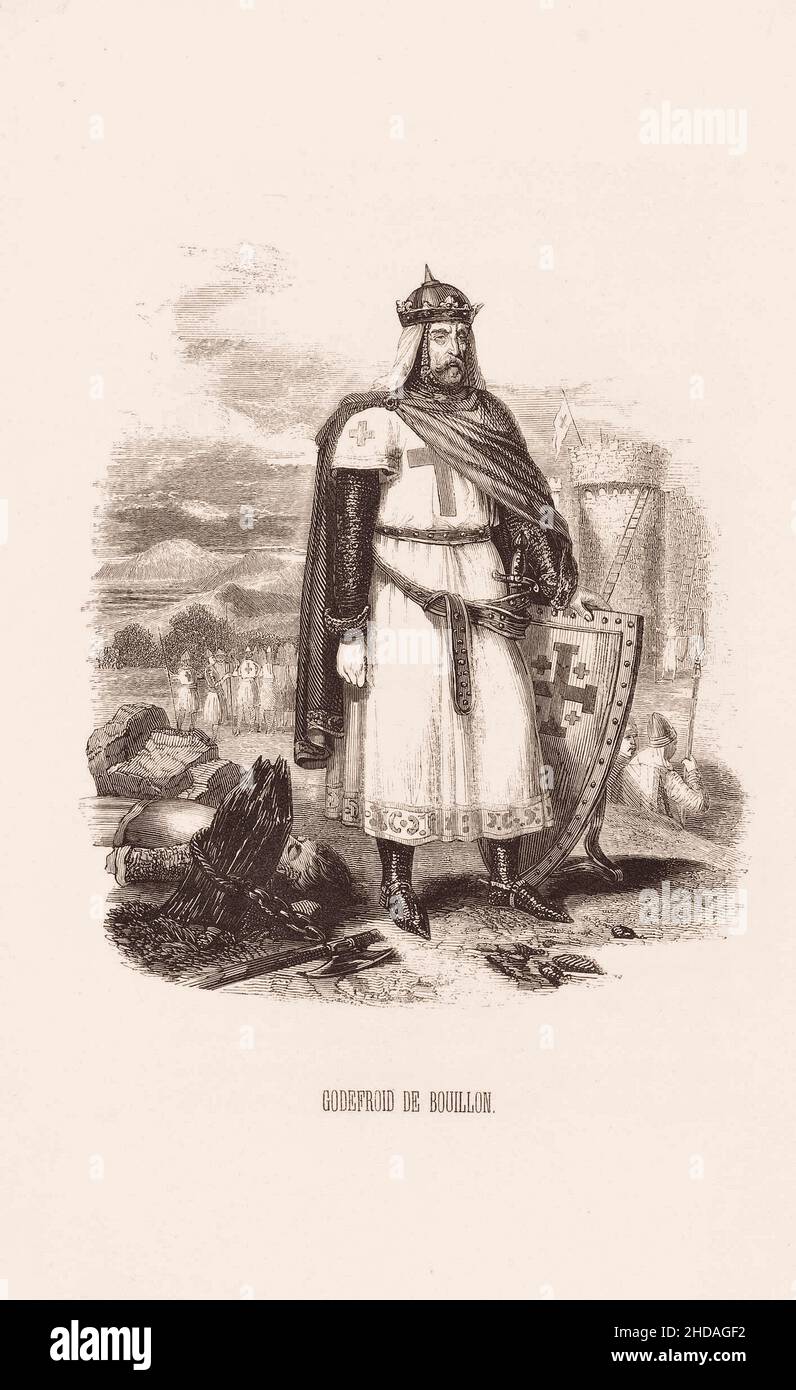 Engraving of Godefroid de Bouillon. 19th century Godfrey of Bouillon (1060 – 1100) was a French nobleman and one of the pre-eminent leaders of the Fir Stock Photo