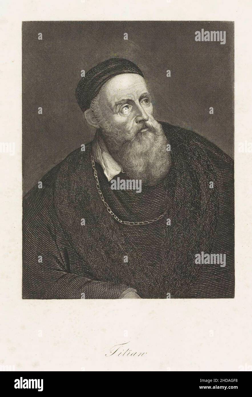 Engraving portrait of Titian.  Tiziano Vecelli or Vecellio (c. 1488/90 – 1576), known in English as Titian, was an Italian (Venetian) painter during t Stock Photo