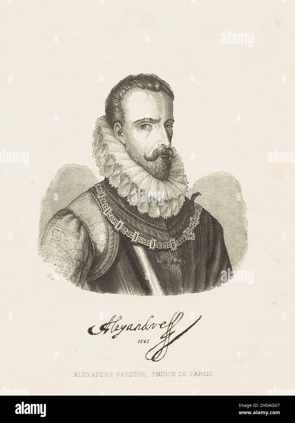Engraving portrait of Alexander Farnese, Duke of Parma. Alexander Farnese (1545 – 1592) was an Italian noble and condottiero and later a general of th Stock Photo