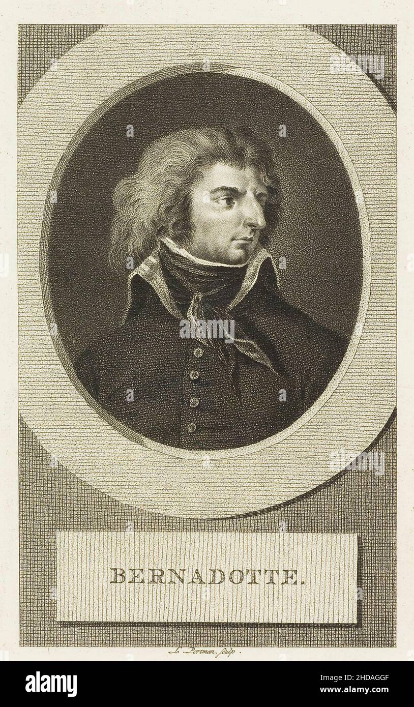 Engraving portrait of Jean-Baptiste Bernadotte.  Marshal Jean-Baptiste Bernadotte (1763 – 1844) was a French commander during the French Revolutionary Stock Photo