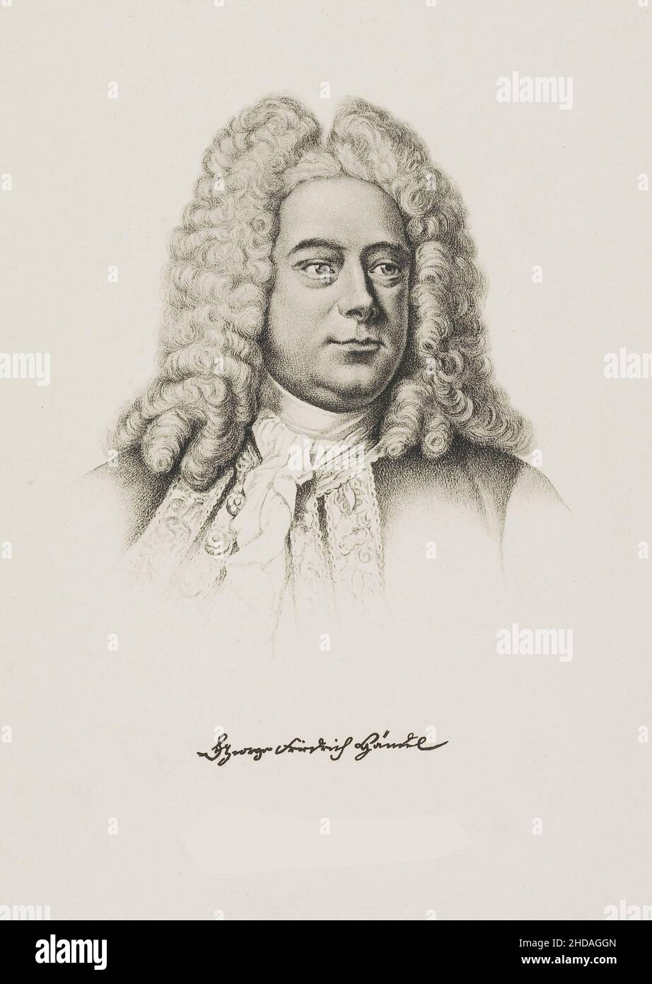 Engraving portrait of George Friedrich Handel.  George Frideric Handel (Georg Friederich Händel, 1685 – 1759) was a German-British Baroque composer we Stock Photo