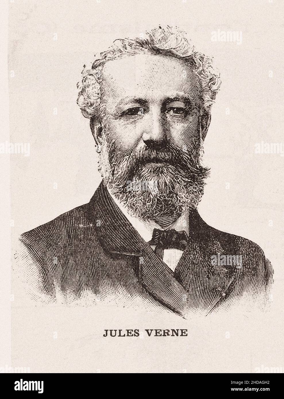 Engraving portrait of Jules Verne. 1905  Jules Gabriel Verne (1828 – 1905) was a French novelist, poet, and playwright. His collaboration with the pub Stock Photo