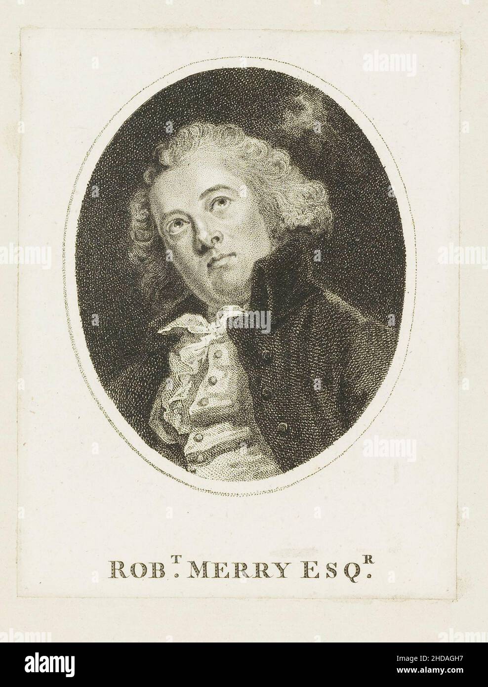Engraving portrait of Robert Merry.  Robert Merry (1755–1798) was an English poet and dilettante. He was born in London. Both his father and grandfath Stock Photo