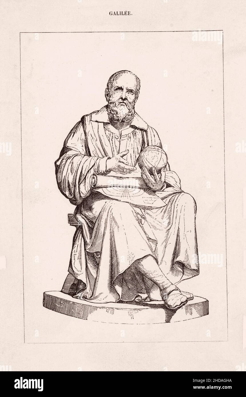 The 19th century portrait of Galileo Galilei.  Galileo di Vincenzo Bonaiuti de Galilei (1564 – 1642), commonly referred to as Galileo, was an astronom Stock Photo