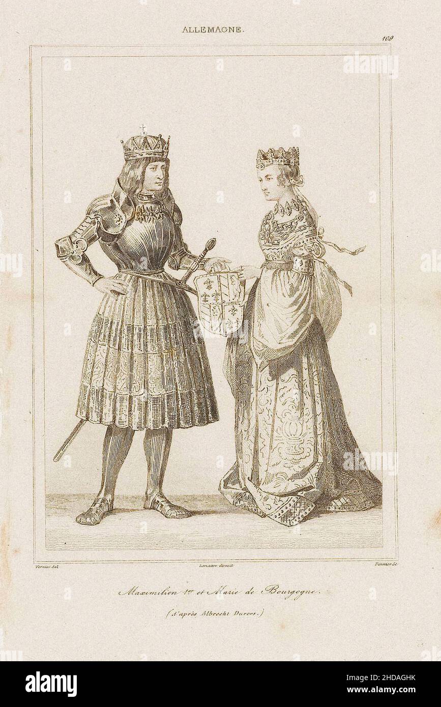 Medieval drawing of Albrecht Dürer: Maximilian I and Marie de Bourgogne  Maximilian I (22 March 1459 – 12 January 1519) was King of the Romans from 14 Stock Photo