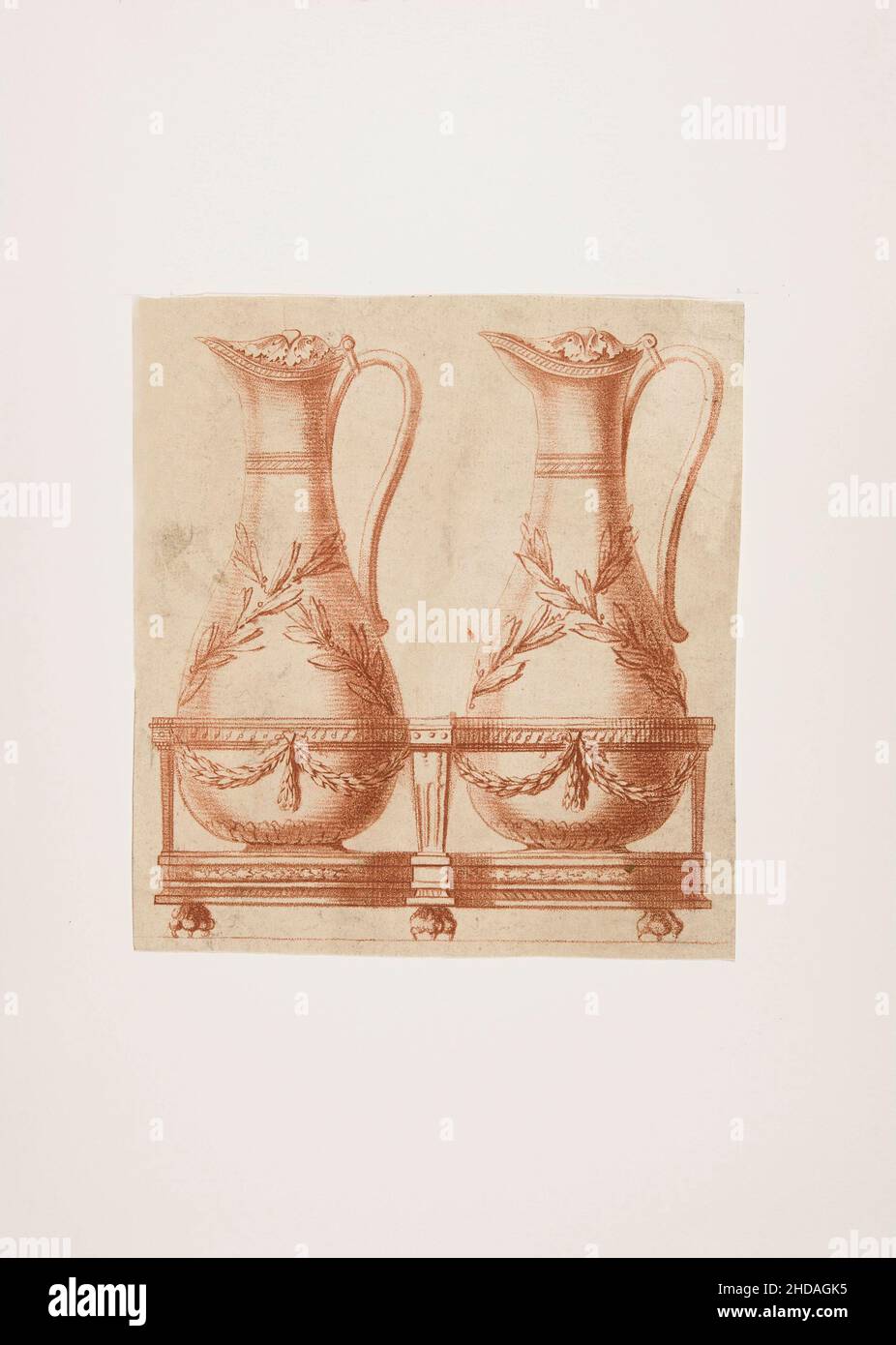 The 17th century crayon manner print of two jugs with leaf motifs placed in a holder. Stock Photo