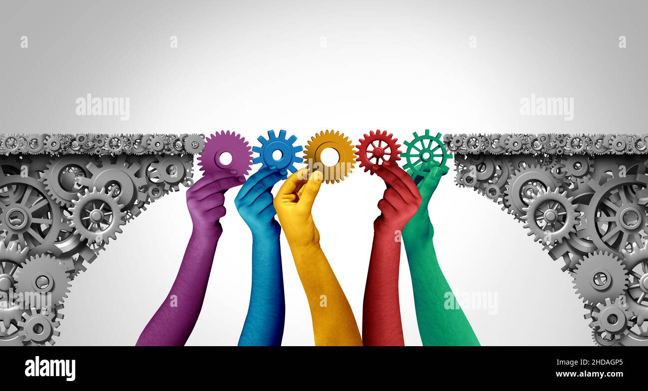 Business meeting idea and planning with strategy as a corporate concept with a mechanical wheel bridge as diverse multiracial businesspeople joining. Stock Photo