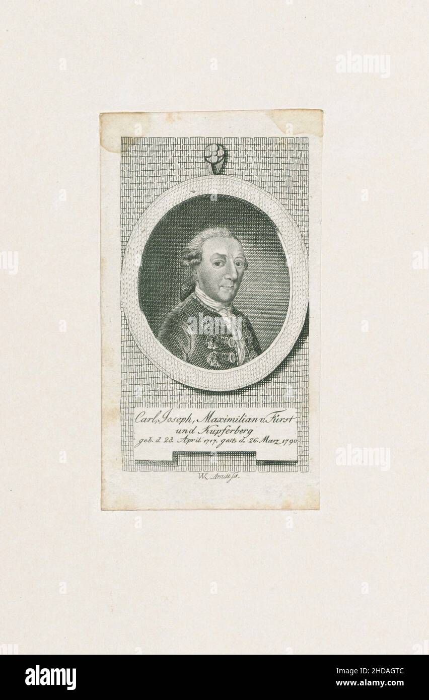 Engraving portrait of Carl Maximilian von Fürst und Kupferberg. 1790 Carl Joseph Maximilian von Fürst und Kupferberg (1717 - 1790) was a royal Prussia Stock Photo