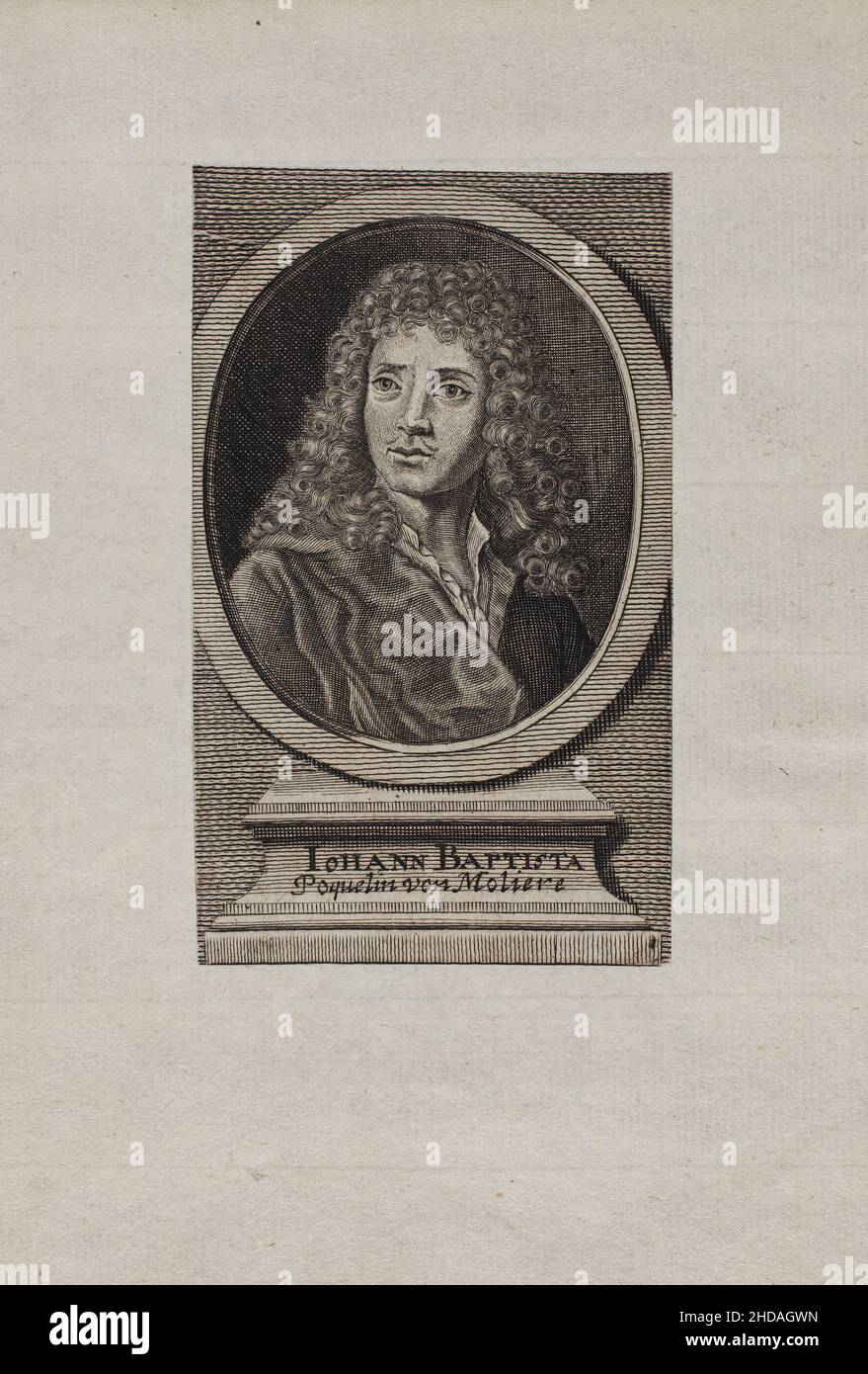 Engraving of Iohann Baptista Poquelin von Moliere. 1660 Jean-Baptiste Poquelin (1622 – 1673), known by his stage name Molière, was a French playwright Stock Photo