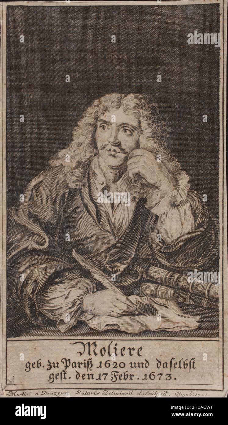 Engraving of Iohann Baptista Poquelin von Moliere. Jean-Baptiste Poquelin (1622 – 1673), known by his stage name Molière, was a French playwright, act Stock Photo