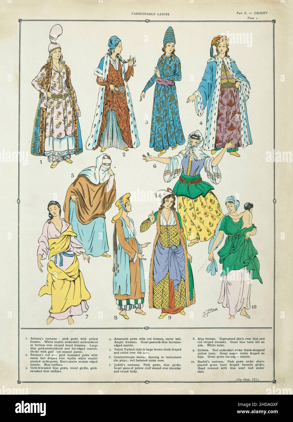 Vintage illustration of Turkish fashionable ladies. 1926-1927 Sultana's costume: white muslin underskirt embroidered at bottom. Large blue gold-embroi Stock Photo