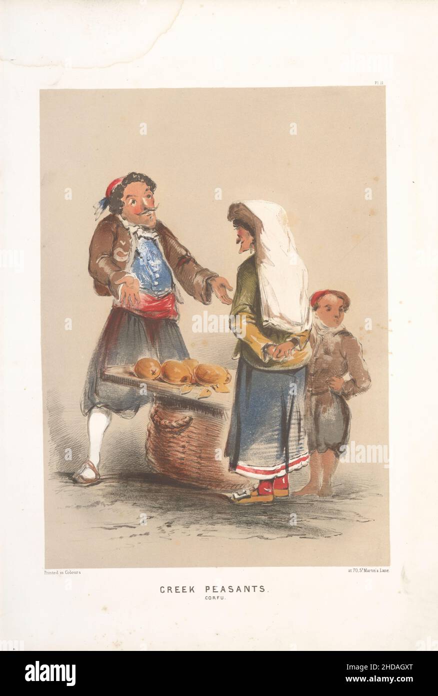 Vintage color lithograph of Ottoman Empire: Greek Peasants; Corfu 1854, by Forbes Mac Bean (Artist) and Justin Sutcliffe (Lithographer) Stock Photo