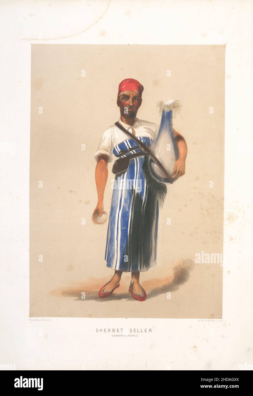 Vintage color lithograph of Ottoman Empire: Seller of Sherbet, Constantinople. 1854, by Forbes Mac Bean (Artist) and Justin Sutcliffe (Lithographer) Stock Photo