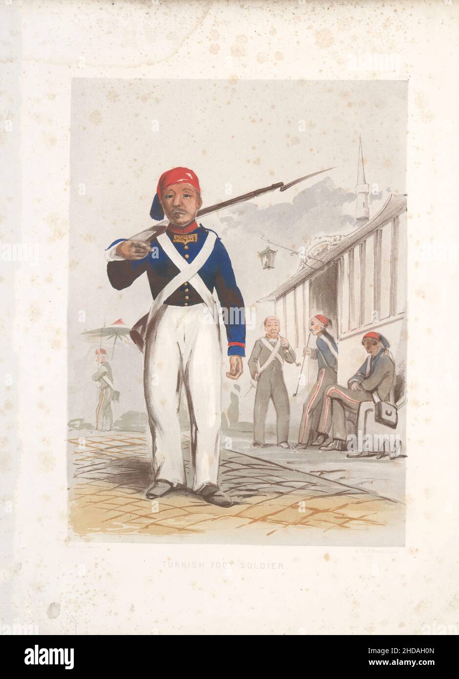 Vintage color lithograph of Ottoman Empire: Turkish Foot Soldier, Constantinople 1854, by Forbes Mac Bean (Artist) and Justin Sutcliffe (Lithographer) Stock Photo