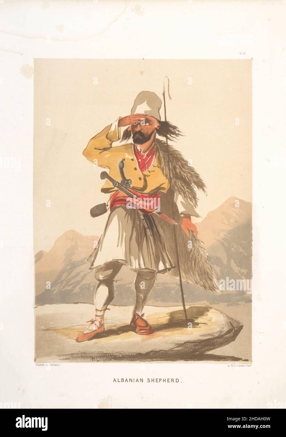 Vintage color lithograph of Ottoman Empire: Albanian Shepherd 1854, by Forbes Mac Bean (Artist) and Justin Sutcliffe (Lithographer) Stock Photo