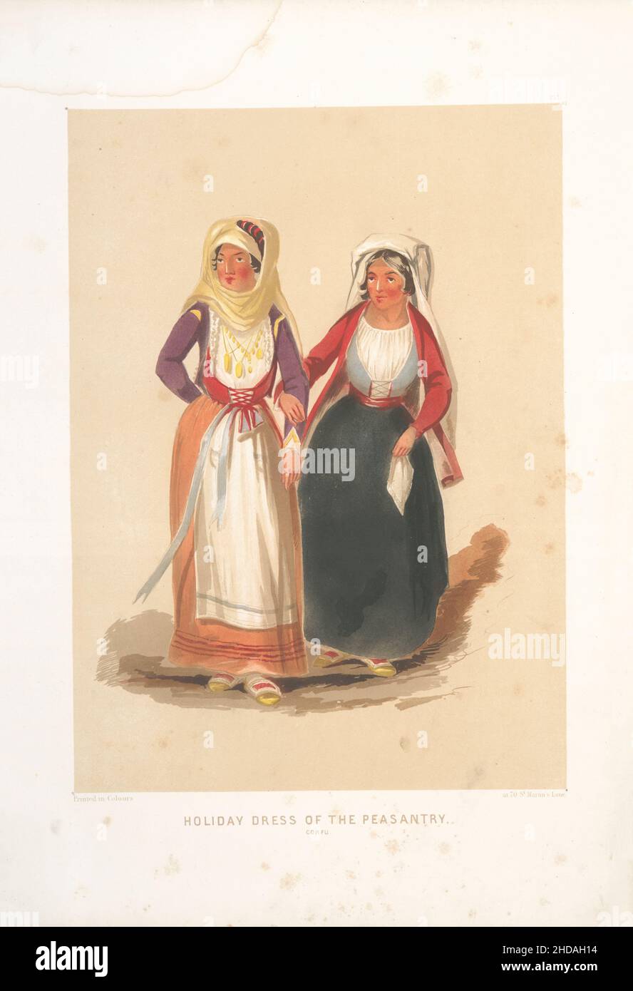 Vintage color lithograph of Ottoman Empire: Holiday Dress of the Peasantry, Corfu 1854, by Forbes Mac Bean (Artist) and Justin Sutcliffe (Lithographer Stock Photo