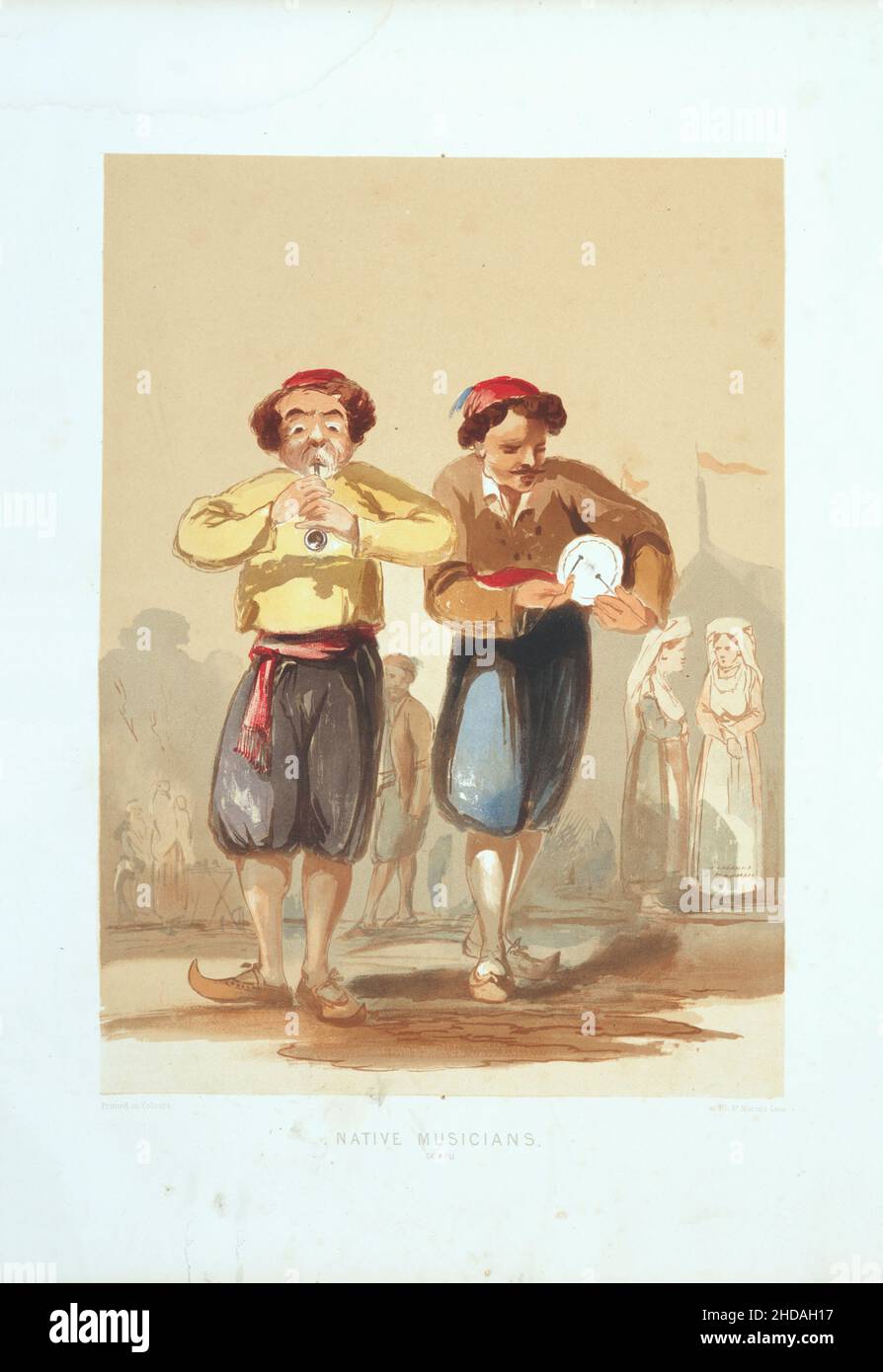 Vintage color lithograph of Ottoman Empire: Native Musicians, Constantinople 1854, by Forbes Mac Bean (Artist) and Justin Sutcliffe (Lithographer) Stock Photo