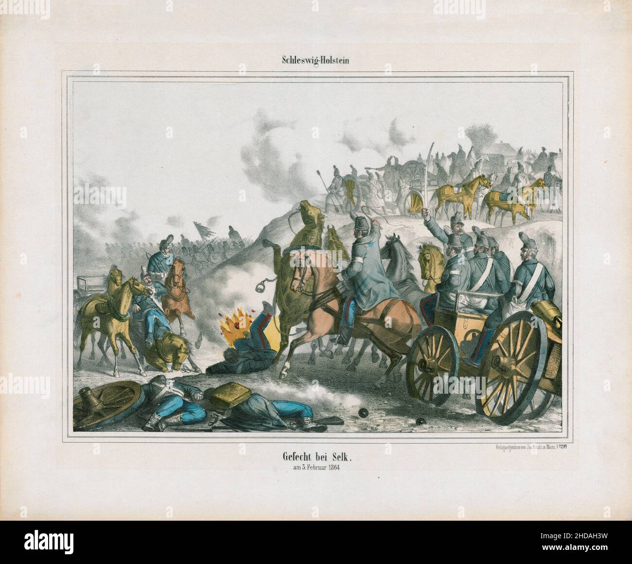 Vintage color lithograph from the Second Schleswig War time: Schleswig-Holstein, battle by Selk, February 3, 1864. 1867 The Second Schleswig War (Dani Stock Photo