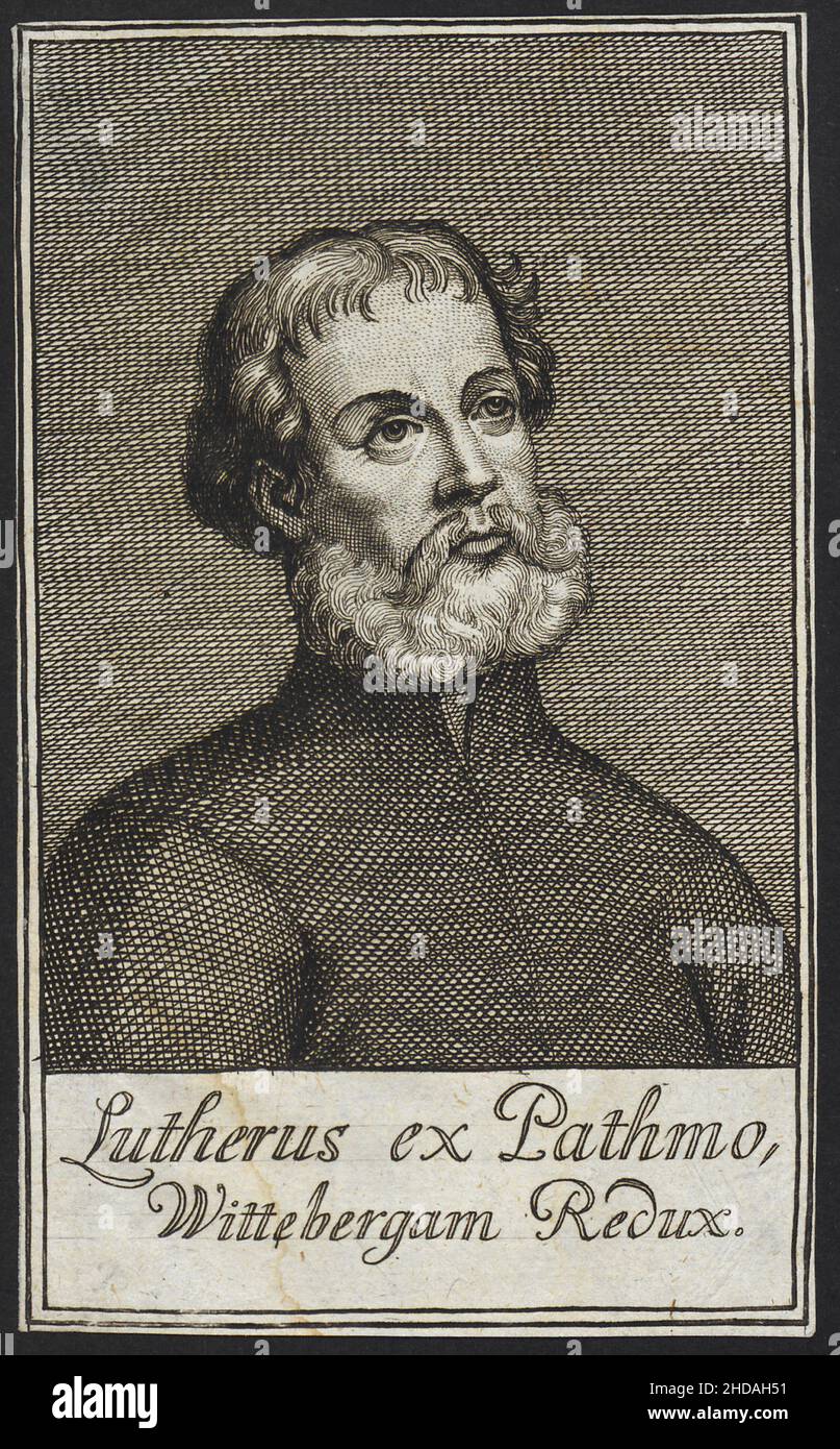 Engraving of Luther from Pathmo, Wittebergam Recovered, 1686 Martin Luther (1483 – 1546) was a German professor of theology, priest, author, composer, Stock Photo