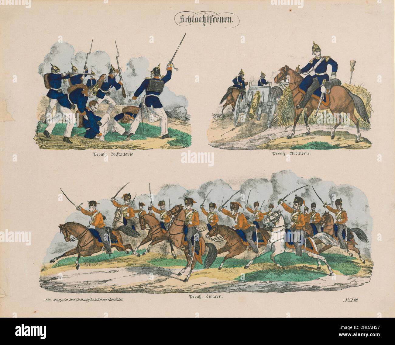 Vintage lithography: Prussian army in Battle scenes. 1866 Prussian infantery, Prussian artillery, Prussian hussars Stock Photo