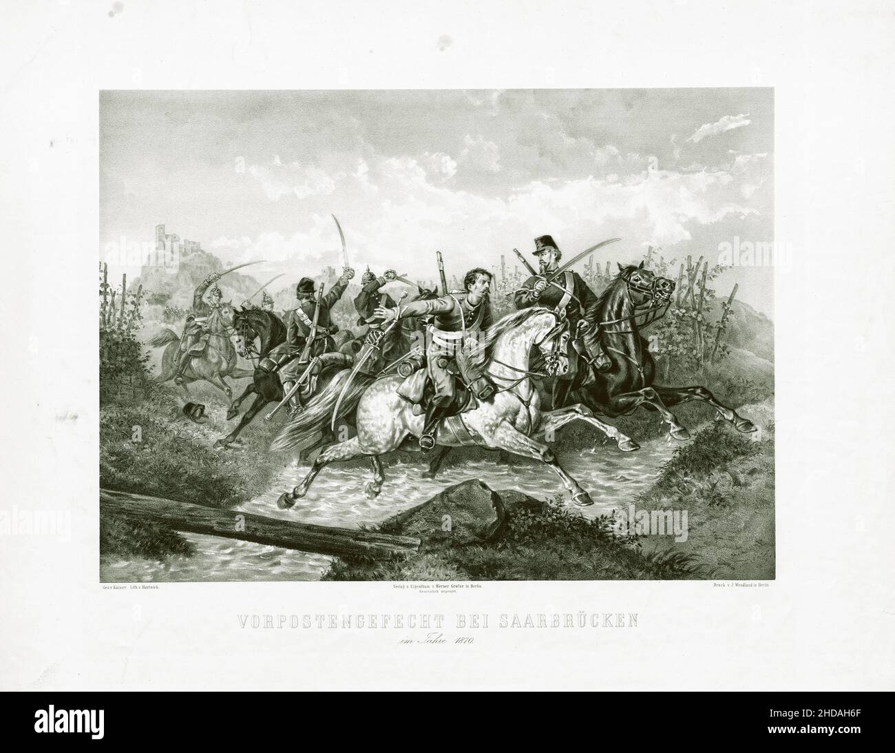 Engraving of Franco-Prussian war: Battle of outposts near Saarbrücken in 1870. 1872 Stock Photo