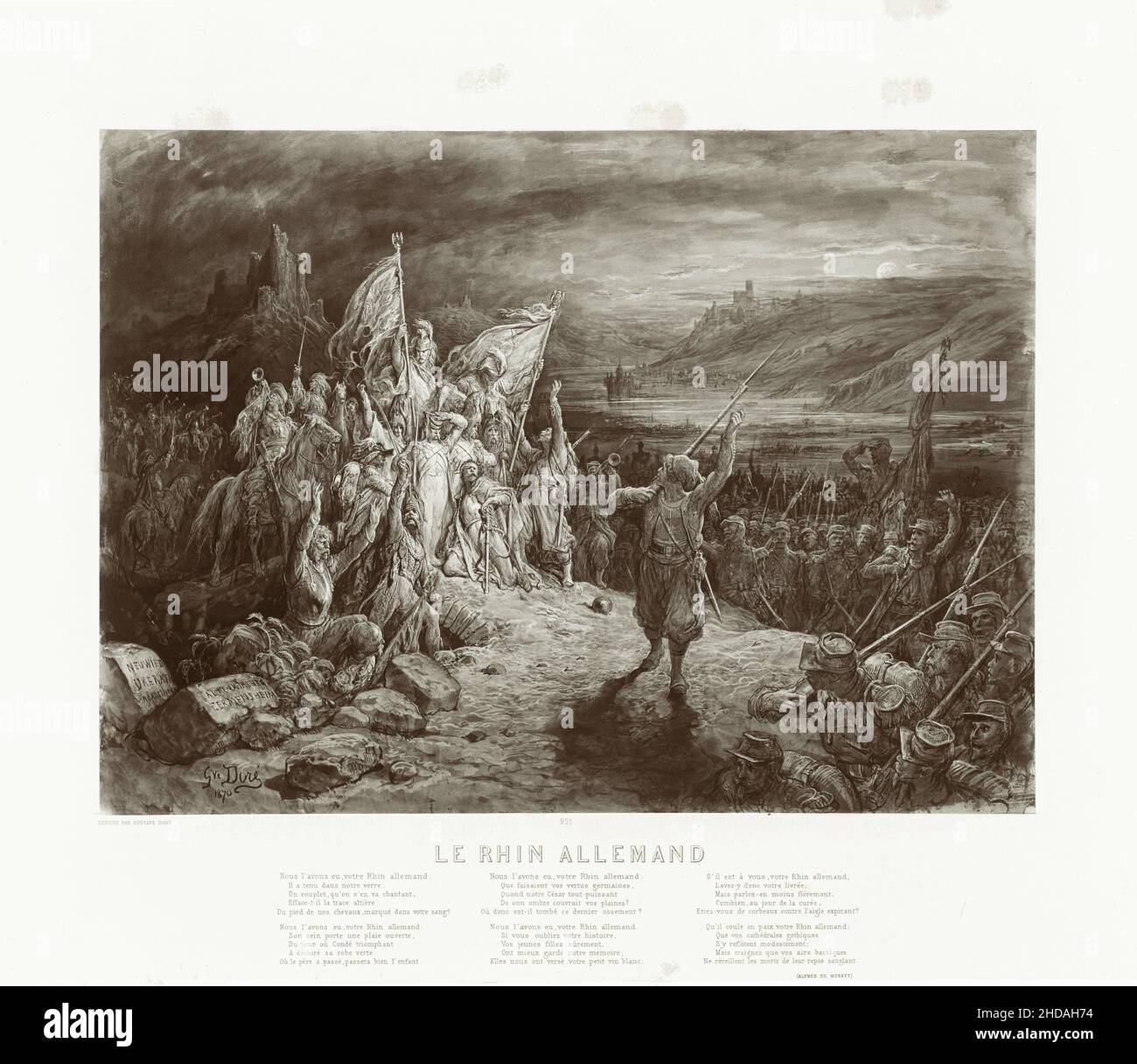 Engraving of Franco-Prussian War: The German Rhine. 1870 Desined by Gustave Doré Stock Photo