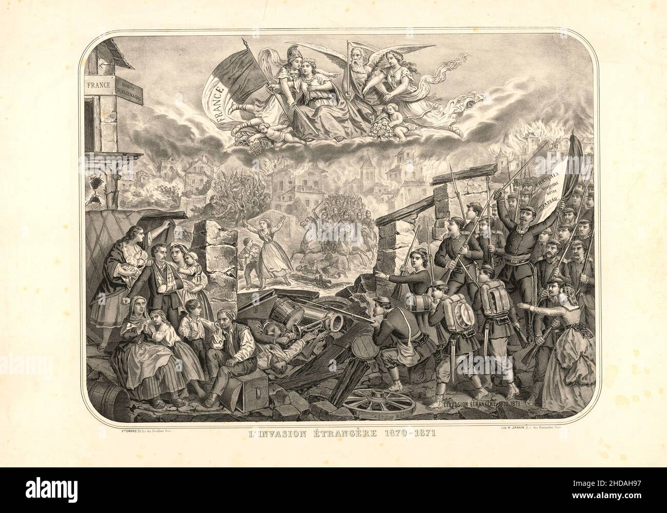 French engraving dedicated to the events of the Franco-Prussian War: The Foreign (Prussian) Invasion 1870-1871. 1870 Stock Photo