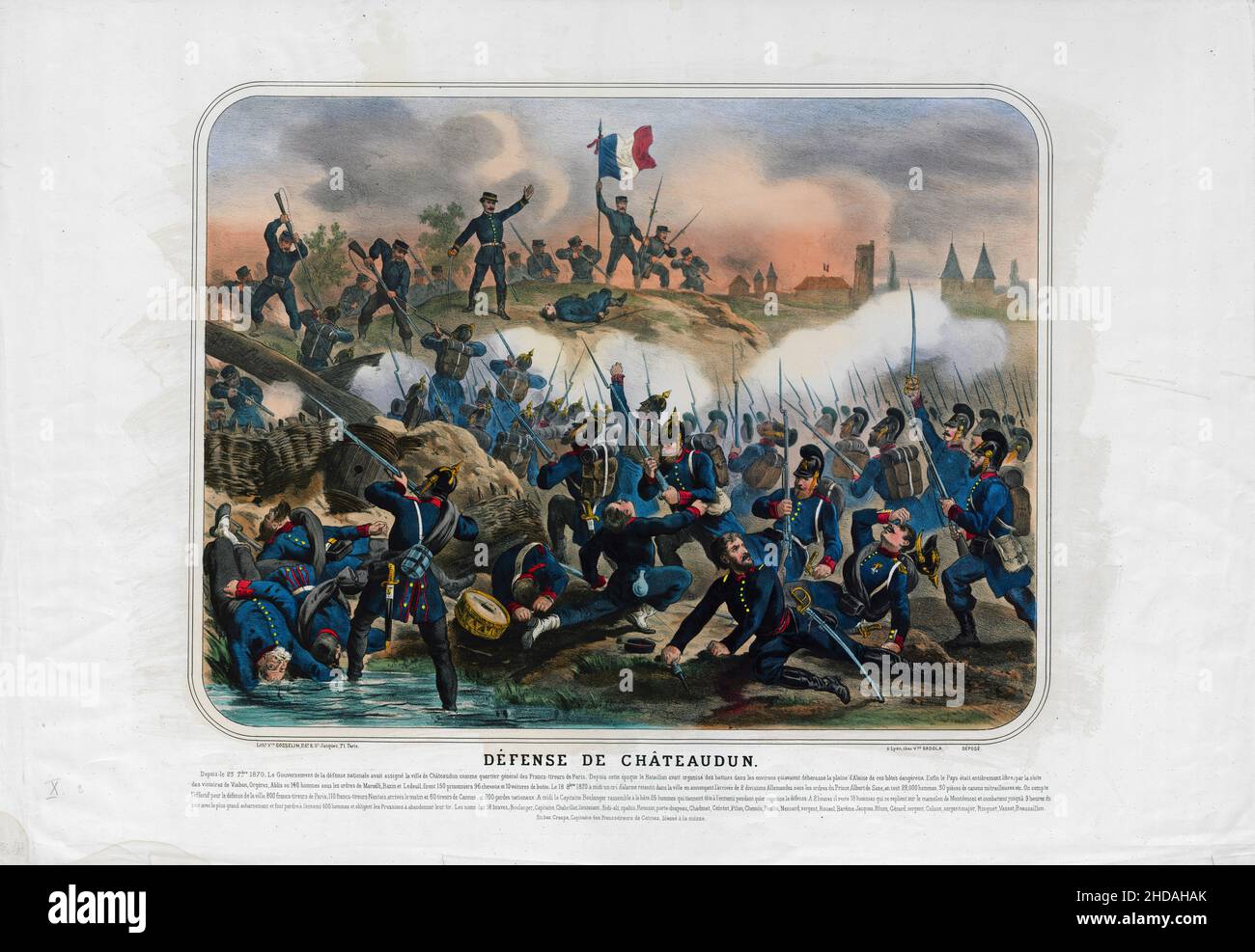 Vintage color lithograph of Franco-Prussian War: Defense of Châteaudun: since the 23 7 September 1870. By the government of the national defense... 18 Stock Photo
