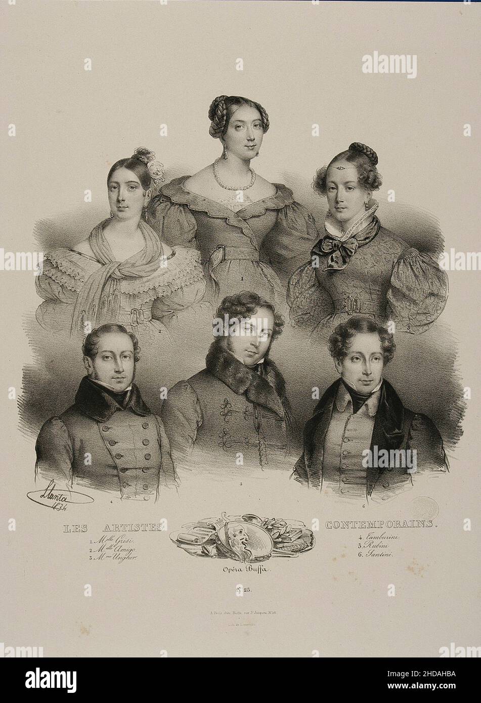 Vintage lithograph of contemporary artists. No.25 Opera Buffa: 1. Melle Grisi. 2. Melle Amigo. 3. Mme Ungher. 4. Tamburini. 5. Rubini. 6. Santini 1834 Stock Photo
