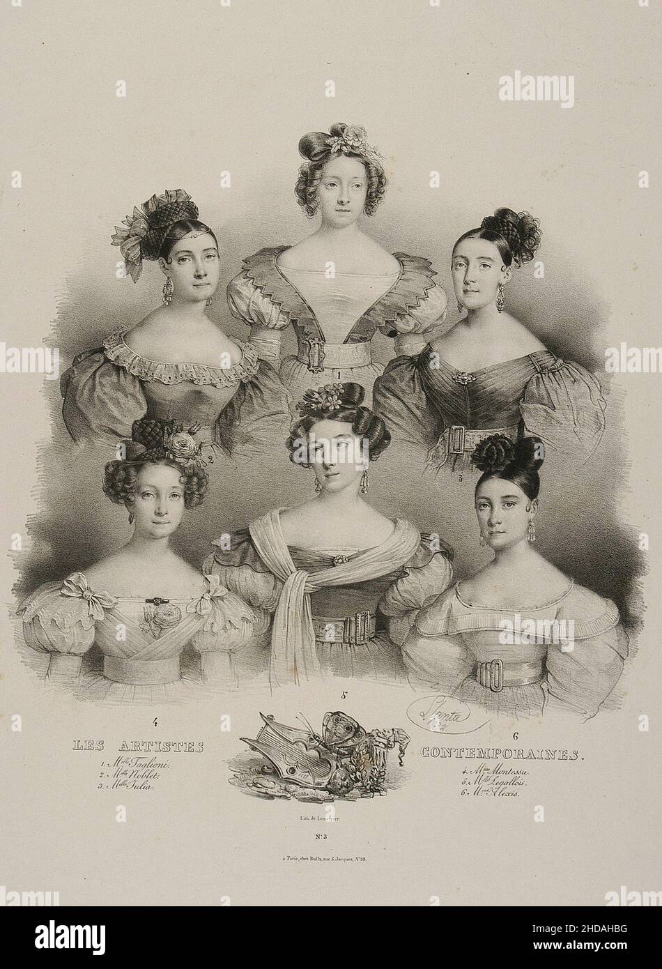Vintage lithograph of famous artists of the 19th century (#3): 1. Miss Taglioni. 2. Miss Noblet. 3. Miss Julia. 4. Mrs. Montessu. 5. Miss Legallois. 6 Stock Photo