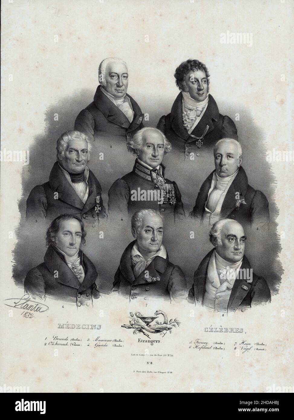Vintage lithograph of famous doctors of the 19th century: 1. Berends (Berlin) 2. de Harrach (Vienne) 3. Mursinna (Berlin) 4. Goercke (Berlin) 5. Forme Stock Photo