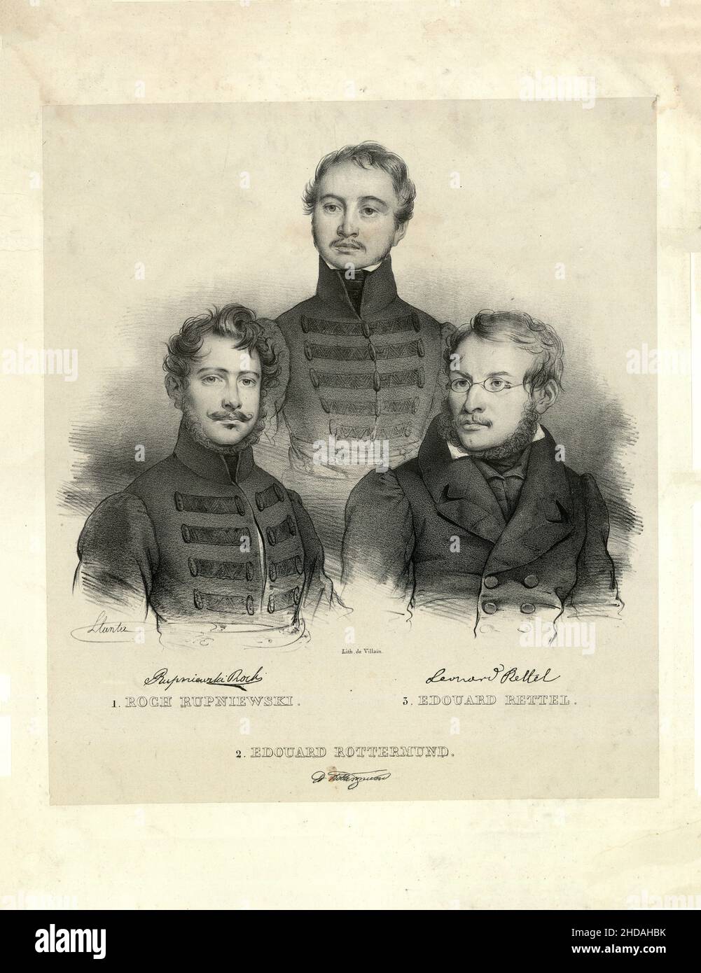 Vintage portraits of Roch Rupniewski, Eduard Rottermund and Edouard Rettel. 1832-1837. Printed by François Le Villain Roch Rupniewski (1802 (or 1804) Stock Photo