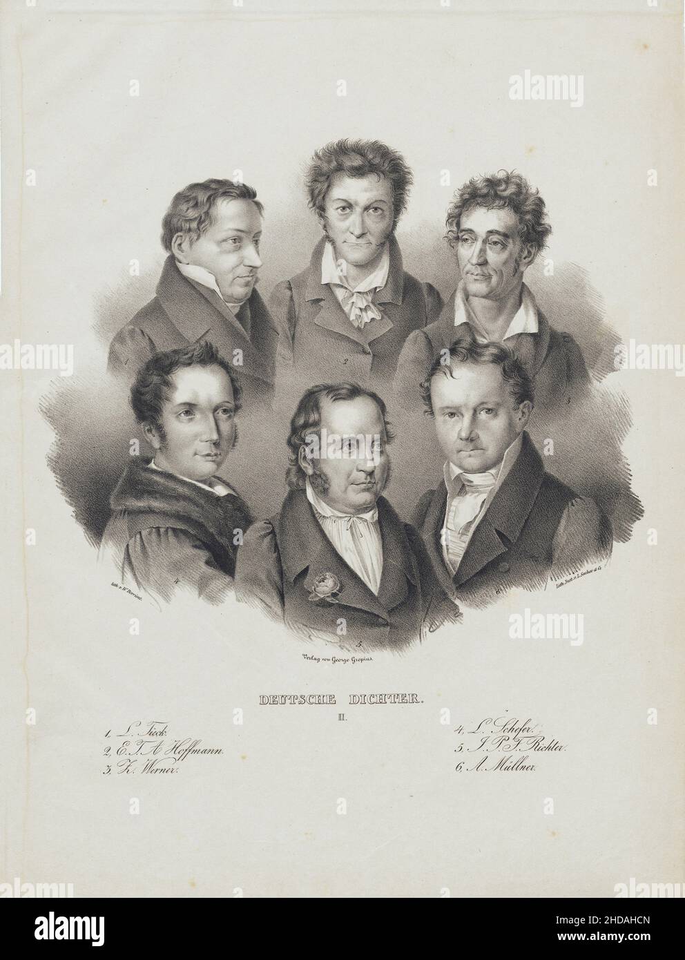 Vintage portraits of German poets of the 19th century: 1. L. Tieck. 2. E. T. A. Hoffmann. 3. Z. Werner. 4. L. Schefer. 5. J. P. F. Richter. 6. A. Müll Stock Photo