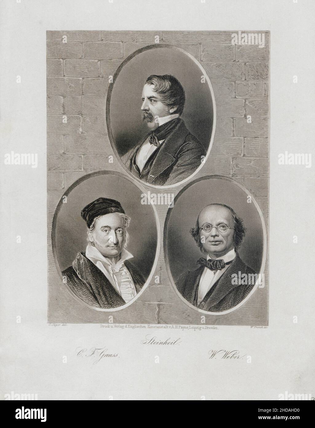 Engraving portraits of Carl Friedrich Gauss, Carl August von Steinheil and Wilhelm Eduard Weber. 1850 Carl Friedrich Gauss (1777 – 1855) was a German Stock Photo