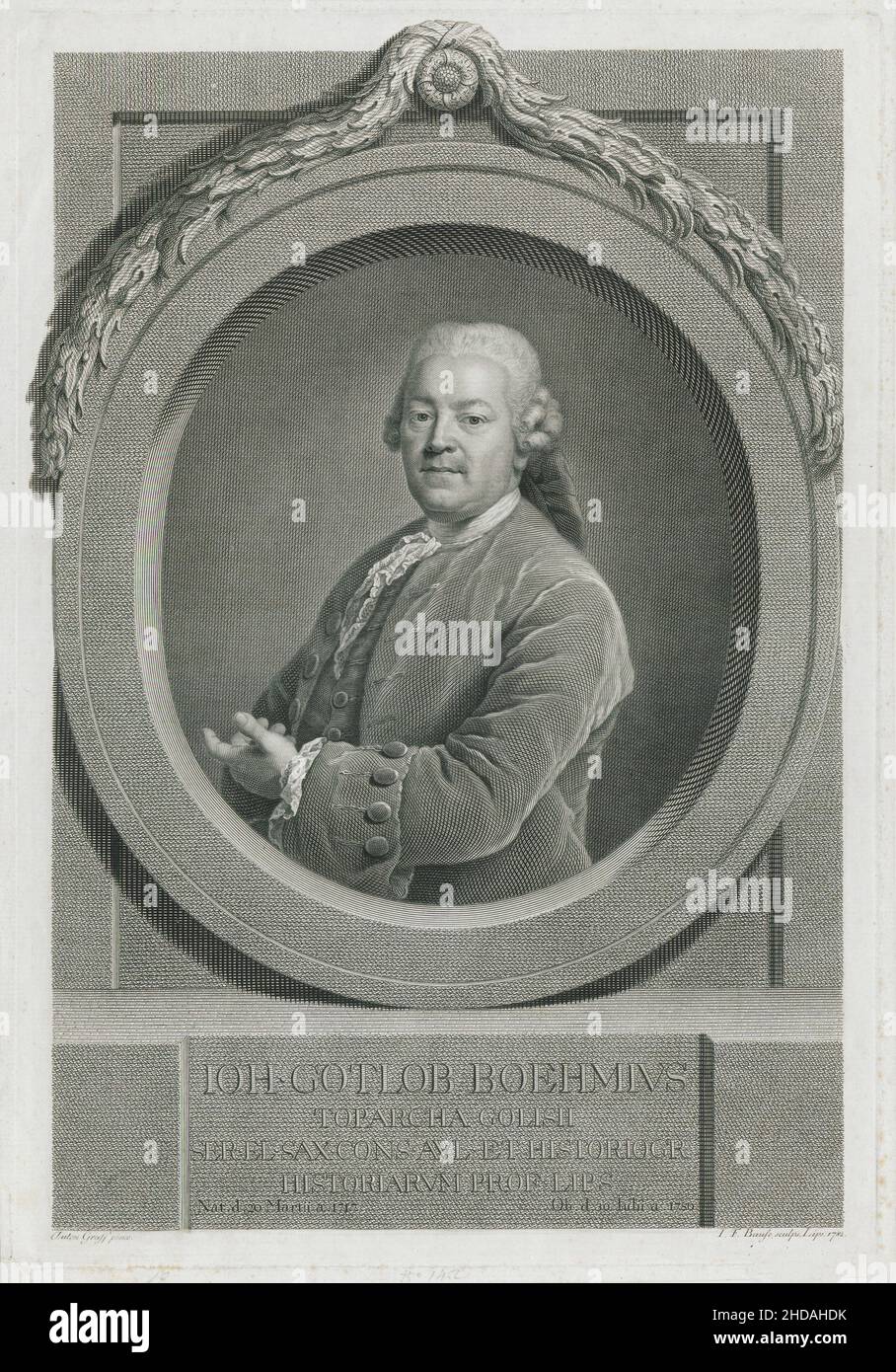 Portrait of Johann Gottlob Böhme. 1782 Johann Gottlob Böhme (1717 – 1780) was a German historian. Stock Photo