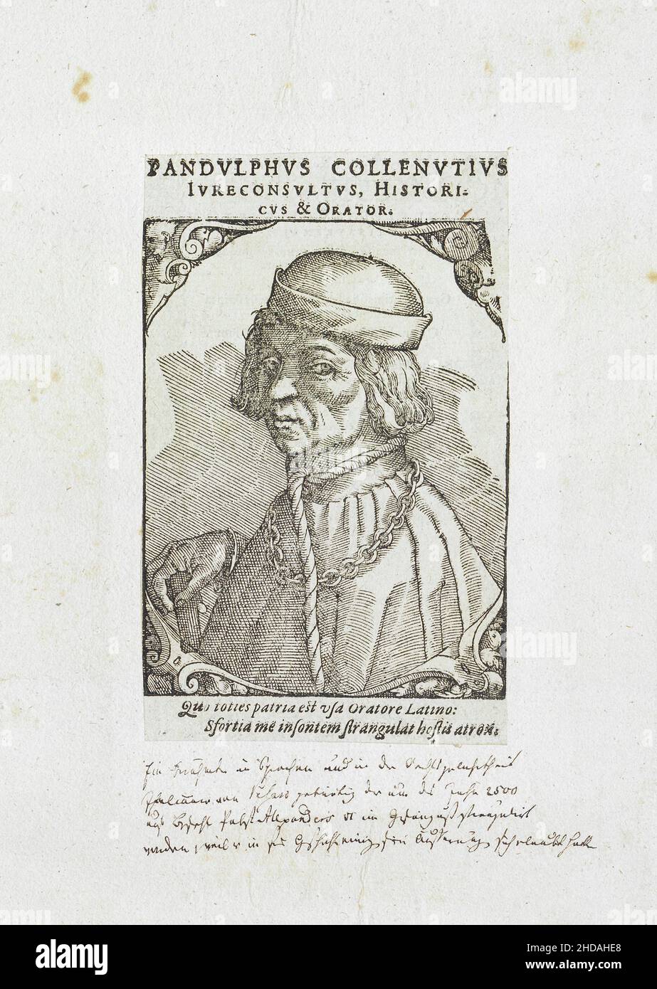 Engraving portrait of Pandolfo Collenuccio. 1589 Pandolfo Collenuccio (1444 - 1504) was an Italian humanist, historian and jurist. Stock Photo