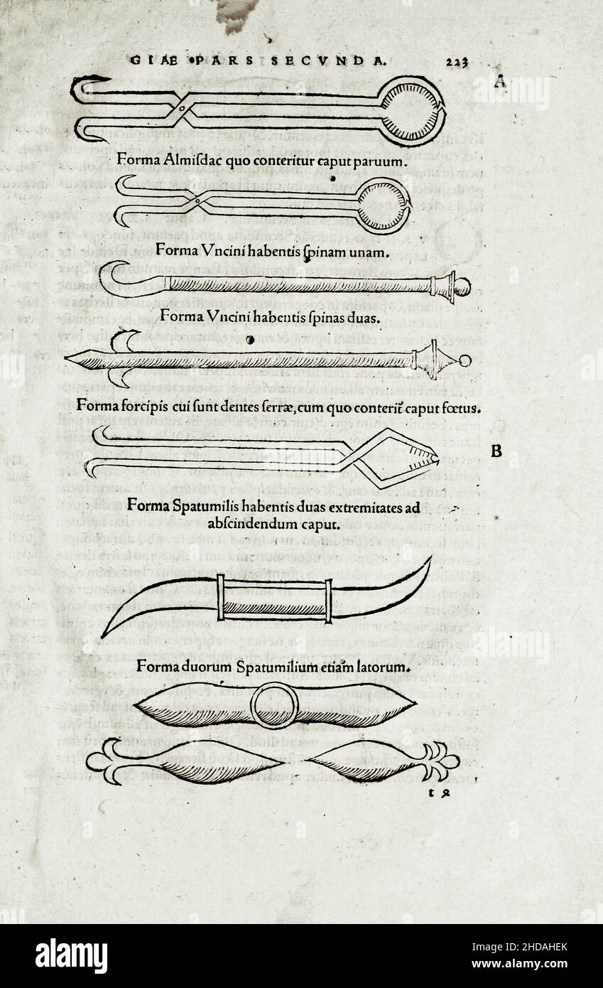 The 16th century illustration of surgery and surgical operations in the Middle Ages: surgical instruments. From the medieval books by Octavius Horatia Stock Photo