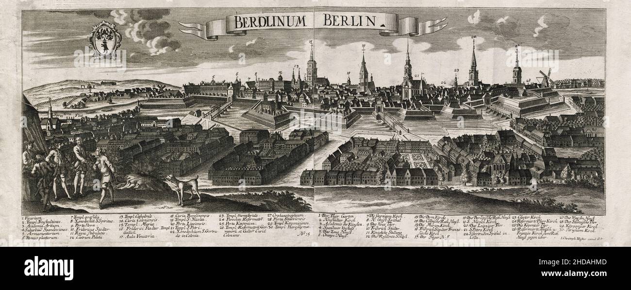 Engraving of the 18th century Berlin (Berolinum). 1730 1. Tier Garten 2. Neustaster Kirch 3. Academie der Kunsten 4. Spandauer Vorstdt 6. Orange Hauss Stock Photo