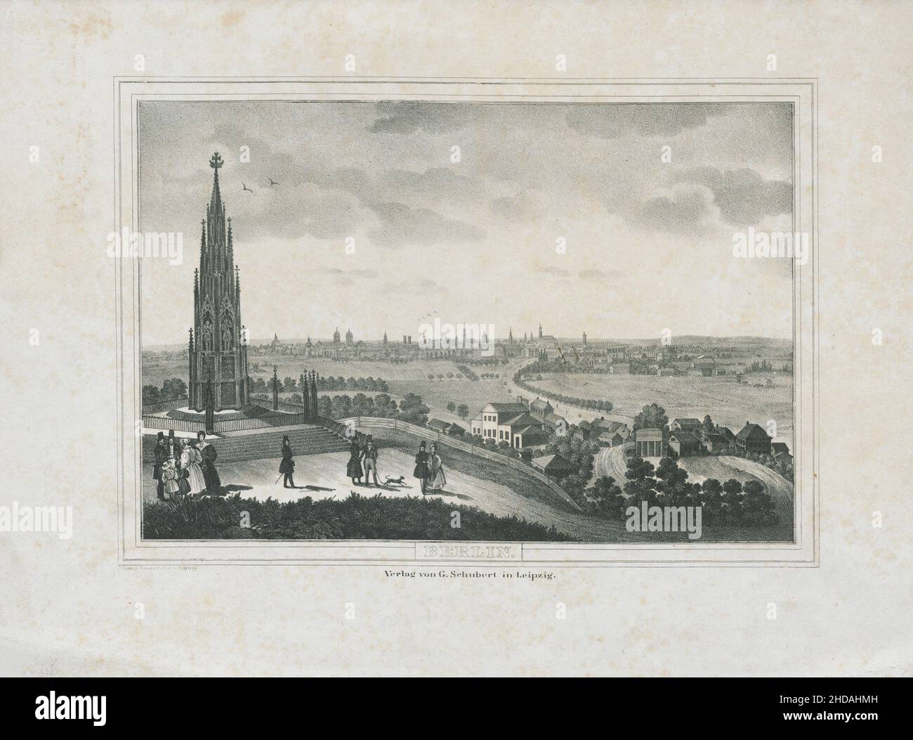 Engraving of the 19th century Berlin from Kreuzberg side. 1840, by G. Schubert Stock Photo