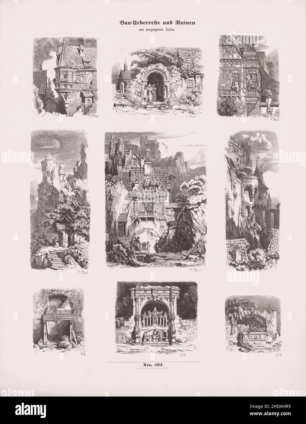 Vintage drawings of picturesque medieval construction-remains and ruins. 1863 Stock Photo