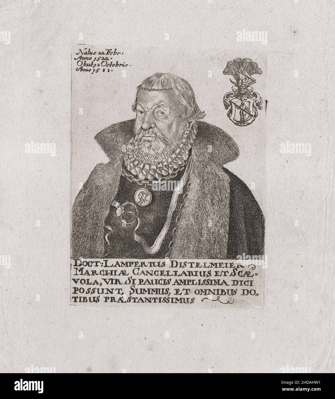 Engraving portrait of Lampert Distelmeyer. 1661 Lampert Distelmeyer, or Lamprecht Distelmeyer (1522 - 1588) was a German jurist and Chancellor of Mark Stock Photo