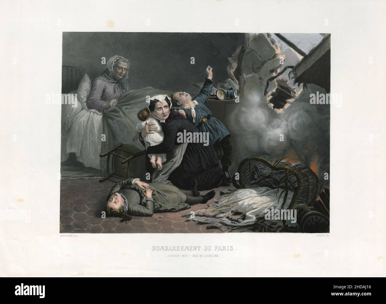 Vintage French anti-German lithograph from French-Prussian war period: Bombing Of Paris: January 1871, Rue De Lourcine. 1871 Stock Photo