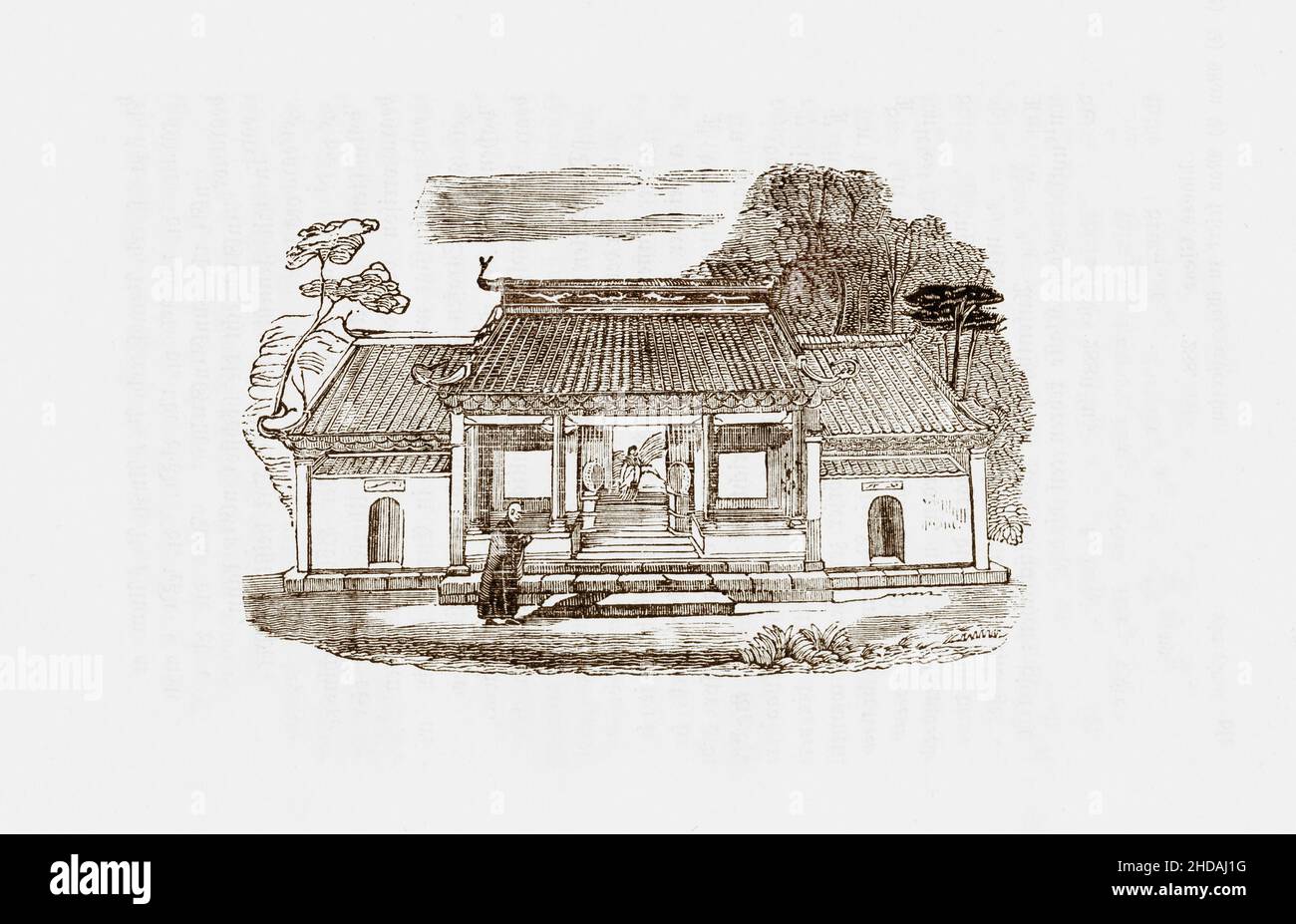 Engraving of China of the 19th century: Main entrance of a Buddha temple near Canton. 1843 Stock Photo