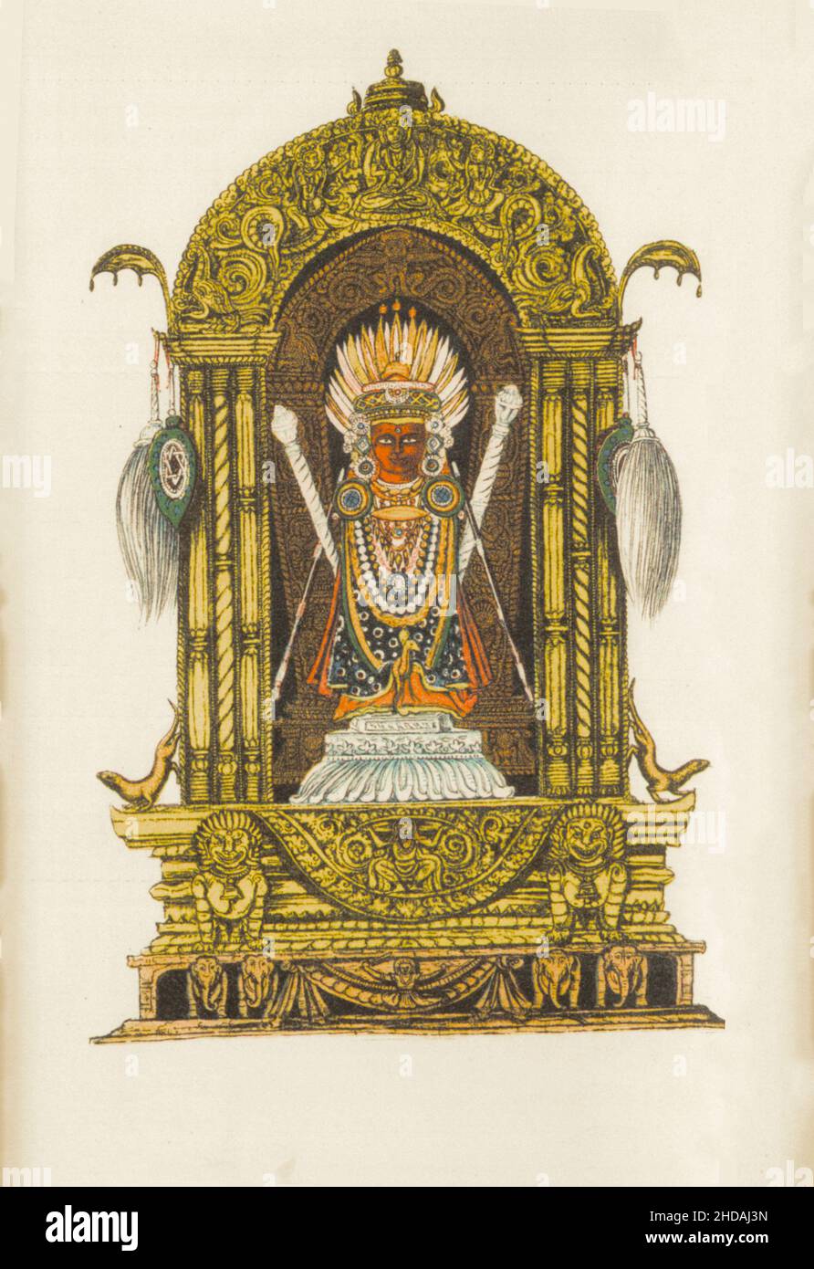 Antique lithograph of 19th century Nepal: Shrine and figure of Machendranath in his temple at Bhungmatti. 1880 Stock Photo