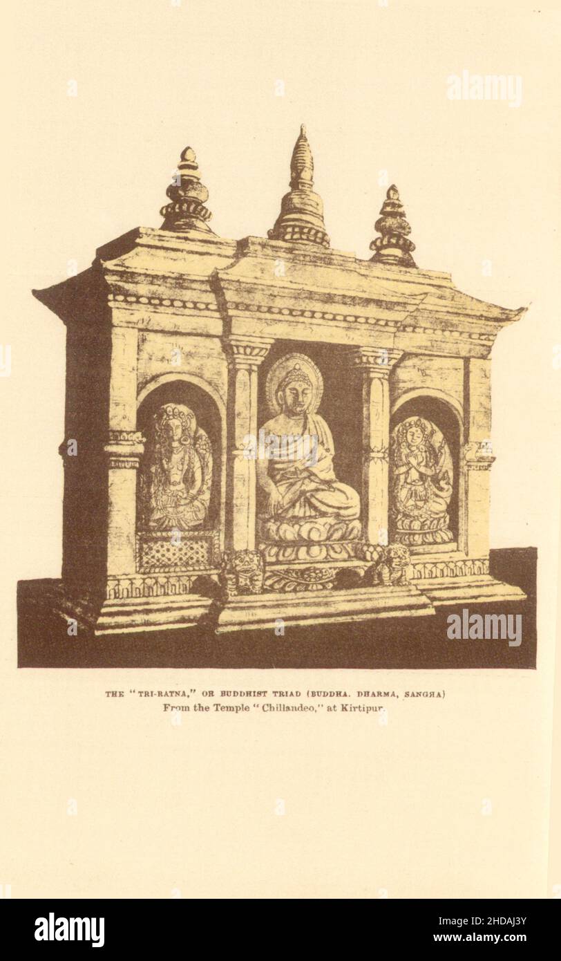 Antique lithograph of 19th century Nepal: The 'Tri-Ratna' (Three Jewels), or Buddhist Triad (Buddha, Dharma, Sangha). From the Temple 'Chillandeo,' at Stock Photo