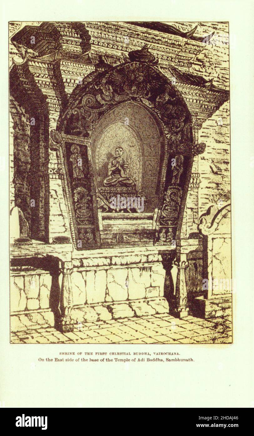 Antique lithograph of 19th century Nepal: Shrine of the first celestial Buddha, Vairochana. On the East side of the base of the Temple of Adi Buddha, Stock Photo